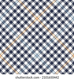 Tweed check plaid pattern design in navy blue, soft yellow, white. Seamless diagonal goose foot tartan illustration for spring autumn winter jacket, coat, skirt, dress, blanket, other trendy textile.