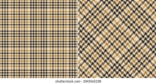 Tweed check plaid pattern in gold brown, beige, black. Seamless pixel textured neutral houndstooth tartan check background for dress, jacket, scarf, other modern spring autumn winter fashion textile.