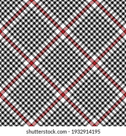 Tweed check plaid pattern herringbone in black, red, white. Seamless abstract check plaid graphic background texture for coat, skirt, jacket, dress, other modern autumn winter fashion fabric print.