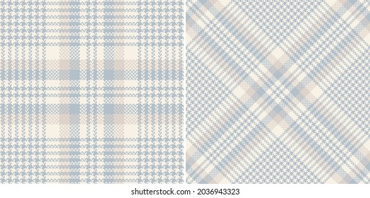 Tweed check plaid pattern in pale blue and beige. Seamless light herringbone tartan plaid vector for modern flannel shirt, skirt, scarf, trousers, other spring autumn winter fashion fabric design.