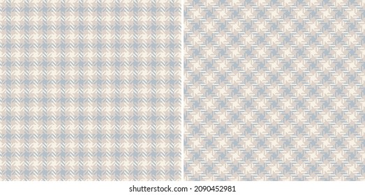 Tweed check plaid pattern in pale blue and beige for spring autumn winter. Seamless herringbone textured small tartan vector graphic set for dress, jacket, skirt, other modern textile print.