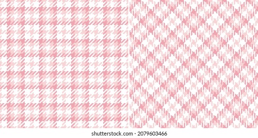 Tweed check plaid pattern in pastel pink and white for dress, jacket, coat, skirt. Seamless small light coral tartan check graphic illustration set for modern spring summer fashion fabric design.