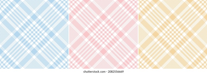 Tweed Check Plaid Pattern In Pastel Colorful Blue, Pink, Yellow, White. Seamless Diagonal Glen Set For Easter Holiday Tablecloth, Picnic Blanket, Duvet Cover, Other Modern Spring Summer Textile Print.