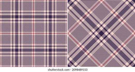 Tweed check plaid pattern in pink and purple for spring autumn winter. Seamless tartan vctor background set for scarf, dress, jacket, coat, skirt, blanket, other modern glen fashion fabric print.