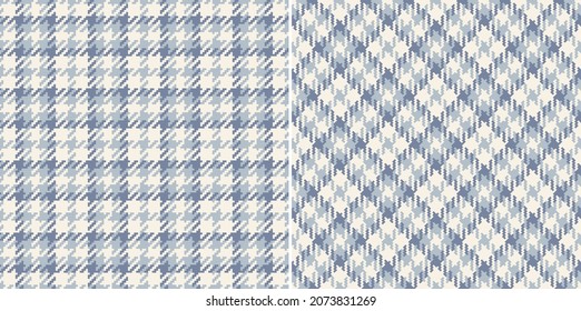 Tweed check plaid pattern print for dress, jacket, scarf in grey blue and off white. Seamless small textured Scottish tartan illustration set for modern spring autumn winter fashion fabric design.