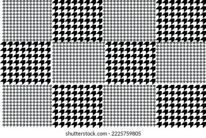 Tweed check plaid pattern print in black, grey, white. Seamless asymmetric pixel pattern tartan set for spring summer autumn winter scarf, dress, jacket, coat, skirt, other modern fabric design.