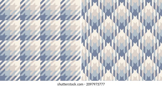 Tweed check plaid pattern for scarf, dress, jacket, coat, blanket in soft cashmere blue and beige. Seamless light muted dog tooth tartan vector for modern spring autumn winter fashion fabric design.