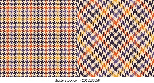 Tweed check plaid pattern set in beige, orange, yellow, purple. Seamless pixel textured multicolored houndstooth tartan for dress, jacket, scarf, other modern spring autumn winter fashion fabric.