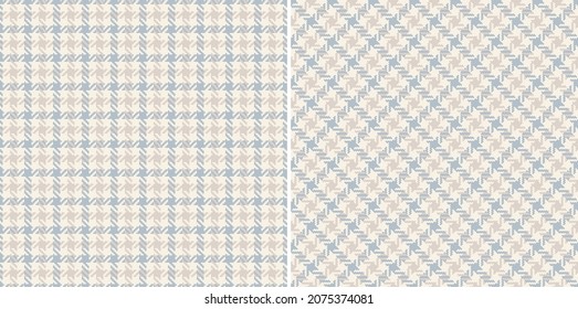 Tweed Check-Plaid-Muster in weichem Kaschmirblau und beige. Nahtlose kleine Schecks Vektortartan-Illustration für Jacke, Mantel, Rock, Kleid, andere moderne Frühling Herbst-Wintermode Design.