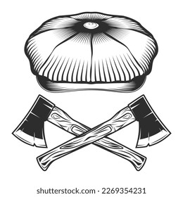 Tweed hat or flat cap with crossed lumberjack axe vintage illustration