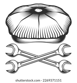 Tweed hat or flat cap with crossed spanner wrench vintage vector illustration