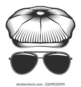 Tweed hat or flat cap with sunglasses vector vintage illustration