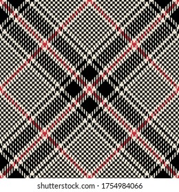Tweed pattern in black, red, white. Glen seamless check plaid vector graphic for skirt, jacket, or other modern autumn winter fabric designs.