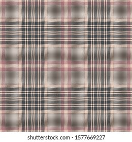 Tweed pattern. Seamless hounds tooth glen check plaid in grey, pink, and beige for jacket, coat, skirt, trousers, or other modern textile print. Texture for autumn and winter clothing design.