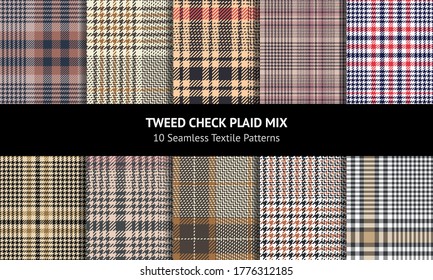 Tweed pattern set. Seamless glen check plaid for coat, skirt, jacket, dress, tablecloth, or other modern autumn winter decorative textile print.