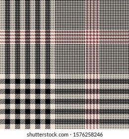 Tweed pattern. Traditional seamless hounds tooth tartan check plaid in black, pink red, and off white for coat, skirt, jacket, blanket, or other modern autumn winter glen fashion fabric print.