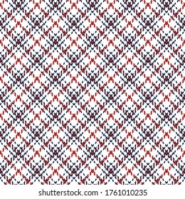 Tweed pattern vector in blue, red, white. Abstract seamless small diagonal check plaid for dress, skirt, bag, purse, or other modern autumn textile design. Hounds tooth texture.