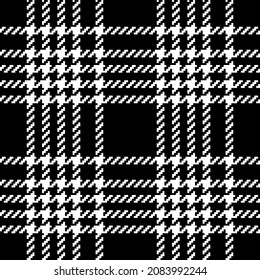 Tweed plaid pattern in black and white. Seamless pixel textured asymmetric houndstooth check vector for jacket, coat, skirt, dress, scarf, other modern spring autumn winter fashion fabric design.
