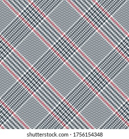 Tweed plaid pattern in grey, coral pink, white. Seamless hounds tooth plaid texture for jacket, skirt, dress, or other autumn or spring glen textile design.