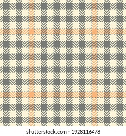 Tweed plaid pattern herringbone in grey, orange, off white. Seamless stitched check plaid graphic background for jacket, coat, skirt, other modern spring autumn casual fashion textile print.