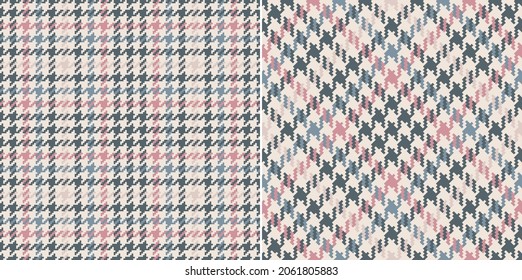 Tweed plaid pattern set in grey, beige, pink. Seamless pixel textured houndstooth tartan check vector print for dress, jacket, trousers, scarf, other modern spring autumn winter fashion fabric design.