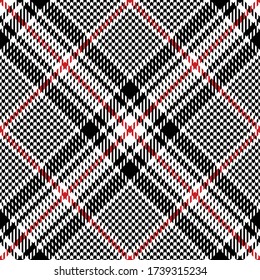 Tweed plaid pattern vector. Seamless geometric design. Glen fabric texture in black, red, and white for skirt, jacket, trousers, or other autumn textile print. Hounds tooth check.