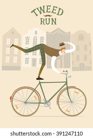 Tweed Run cartoon poster. City style elegant man riding standing on a bicycle. Including beautiful european cityscape background.
