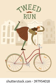 Tweed Run cartoon poster. City style elegant woman riding standing on a bicycle. Including beautiful european cityscape background.