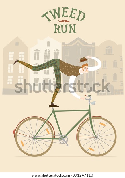 Tweed Run cartoon poster. City style elegant\
man riding standing on a bicycle. Including beautiful european\
cityscape background.