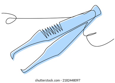 Tweezers anatomical drawing, female eyebrow plucking tool, medical equipment. Vector color image on white background in one line style. For medical textbooks, brochures, packages.