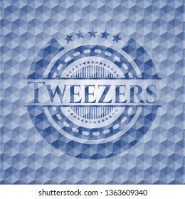 Tweezers blue badge with geometric background.