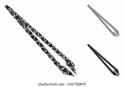 Tweezers composition of ragged parts in variable sizes and color tones, based on tweezers icon. Vector tremulant parts are combined into collage. Tweezers icons collage with dotted pattern.