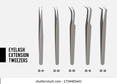 Tweezers for Eyelash extension. Set of Professional tools tweezers. Set of most popular steel tweezers isolated on white background. Different shapes