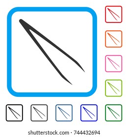 Tweezers icon. Flat grey pictogram symbol in a blue rounded frame. Black, gray, green, blue, red, orange color additional versions of Tweezers vector. Designed for web and app UI.