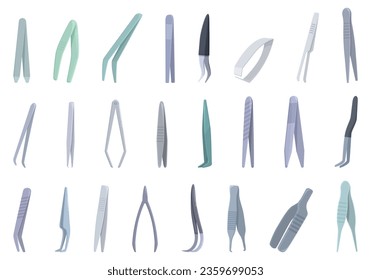 Tweezers icons set cartoon vector. Medical pincers. Metal fashion