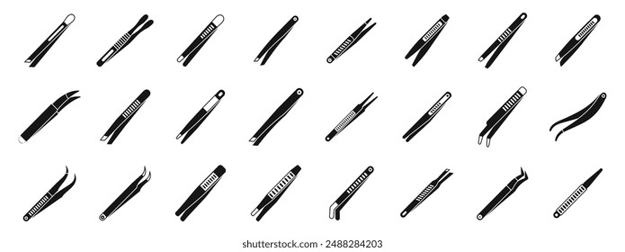 Tweezers icons set. Set of different tweezers for eyebrow correction and repairing electronic equipment