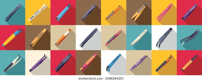 Tweezers icons set. Set of tweezers icons in flat style with long shadow, featuring a variety of tweezer designs for diverse applications