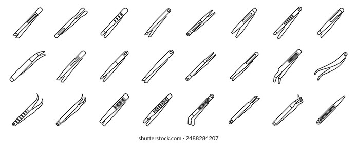 Tweezers icons set. Set of simple tweezers icons showing tweezers for eyebrows and eyelashes