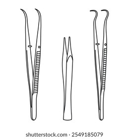 Conjunto de silhuetas de pinças. Pinças pontiagudas retas e curvas, para uso médico, médico, dentista, ortodontista