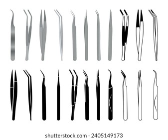 Tweezers Vector Illustration Clip Art Set, Tweezers Isolated White Background. Tweezers Instrument Medical Tool Isolated, Removal Tweezers Cut Hospital Element.