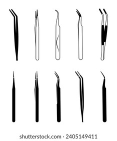 Tweezers Vector Illustration Clip Art Set, Tweezers Isolated White Background. Tweezers Instrument Medical Tool Isolated, Removal Tweezers Cut Hospital Element.