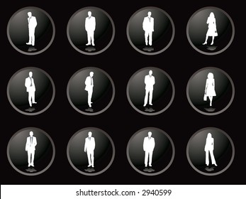 Tweleve buttons in black with illustrations of business people on them