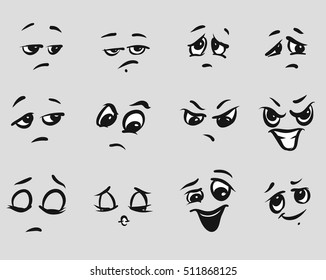 Twelf Angry Cartoon Expressions Faces, Hand-drawn Vector Outline Sketched Artwork