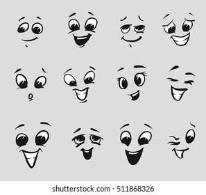 Twelf Happy Cartoon Expressions Faces, Hand-drawn Vector Outline Sketched Artwork
