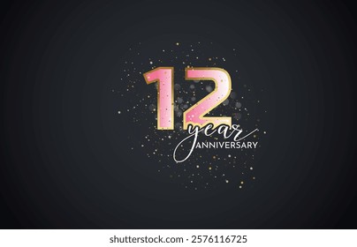 twelfth 12th Anniversary celebration, 12 Anniversary celebration, Realistic 3d sign, stars, Dark background, festive illustration, golden, Pink number 2 sparkling confetti, 12,13 