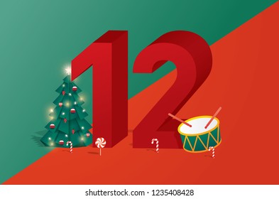 the twelfth day of christmas of the twelve days of Christmas/advent calendar greetings template vector/illustration