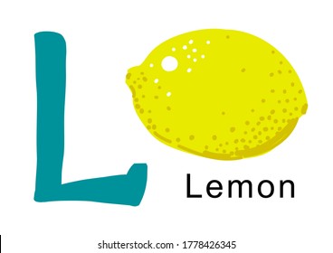 Twelfth letter of English alphabet, L, for lemon. Vector illustration, aqua menthe letter and juicy yellow lemon. Digitally hand drawn lemon. Large font for presentation, sticker, flashcards, online 