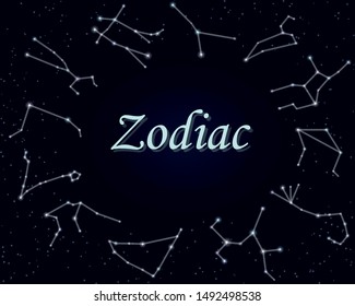 Twelve 12 Zodiac signs star constellation horoscope circle arranged vector illustration