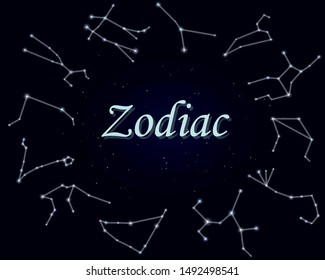 Twelve 12 Zodiac signs star constellation horoscope circle arranged vector illustration