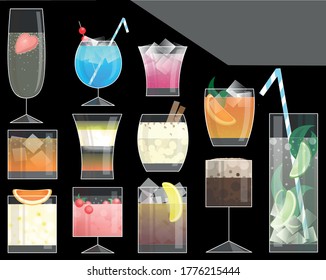 Twelve alcohol coctails vector illustration 